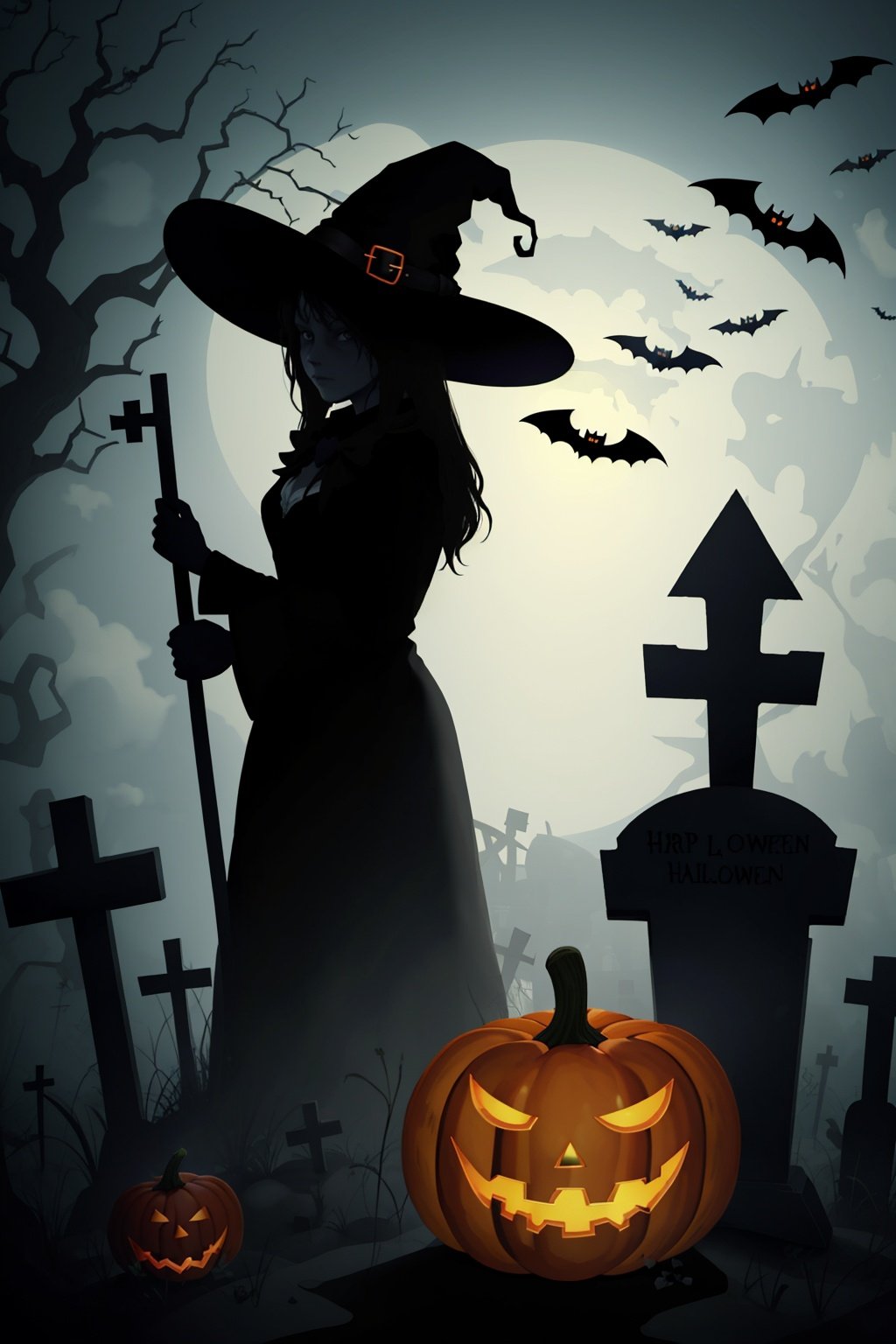 masterpiece, Witch., magic, Halloween, cat, Bat, Tombstone, Horror, Pumpkin lantern, UHD, super detail, high details, best quality, HD