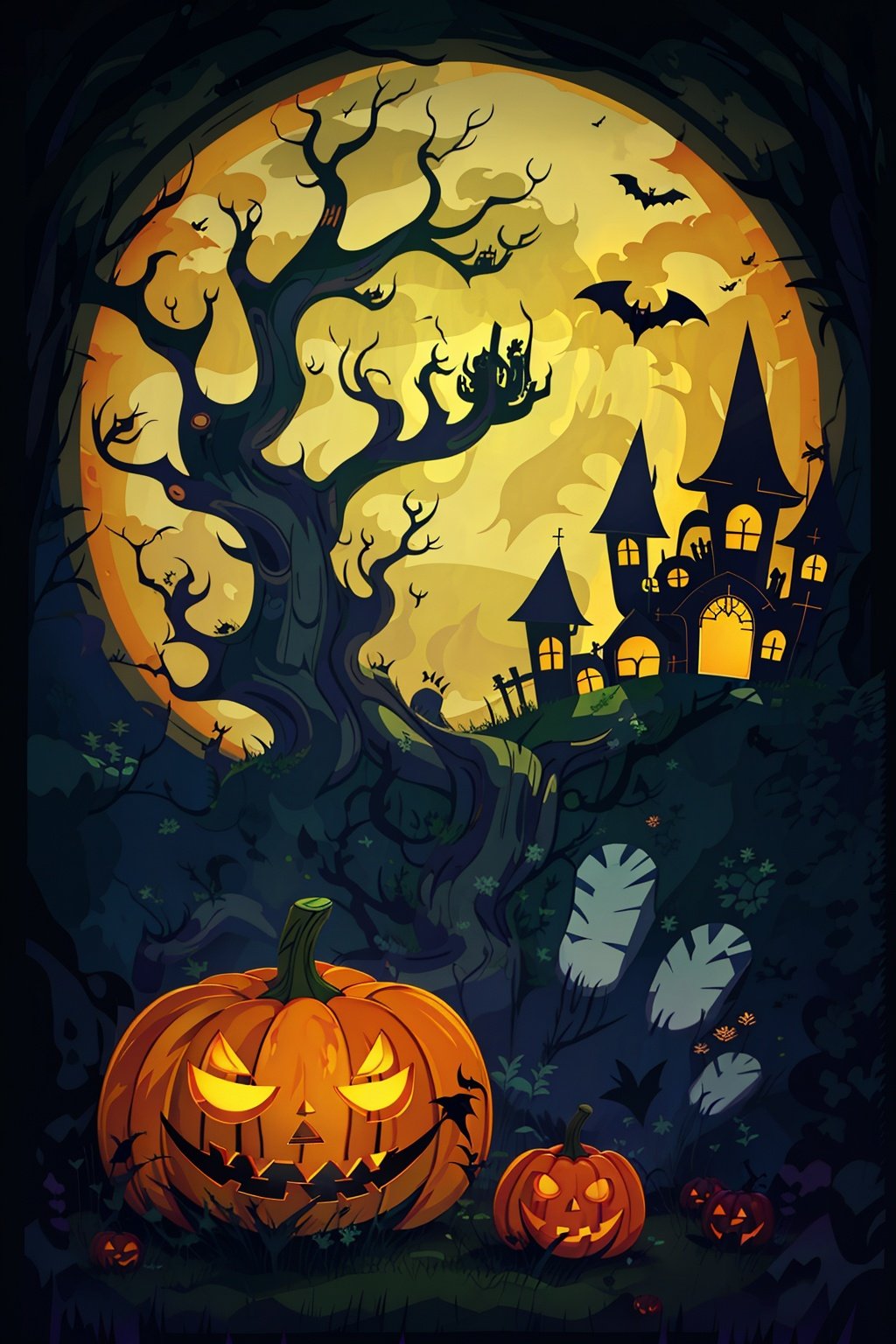  tree,Fence,tombstone,monster,Bats,full moon,Pumpkin lantern