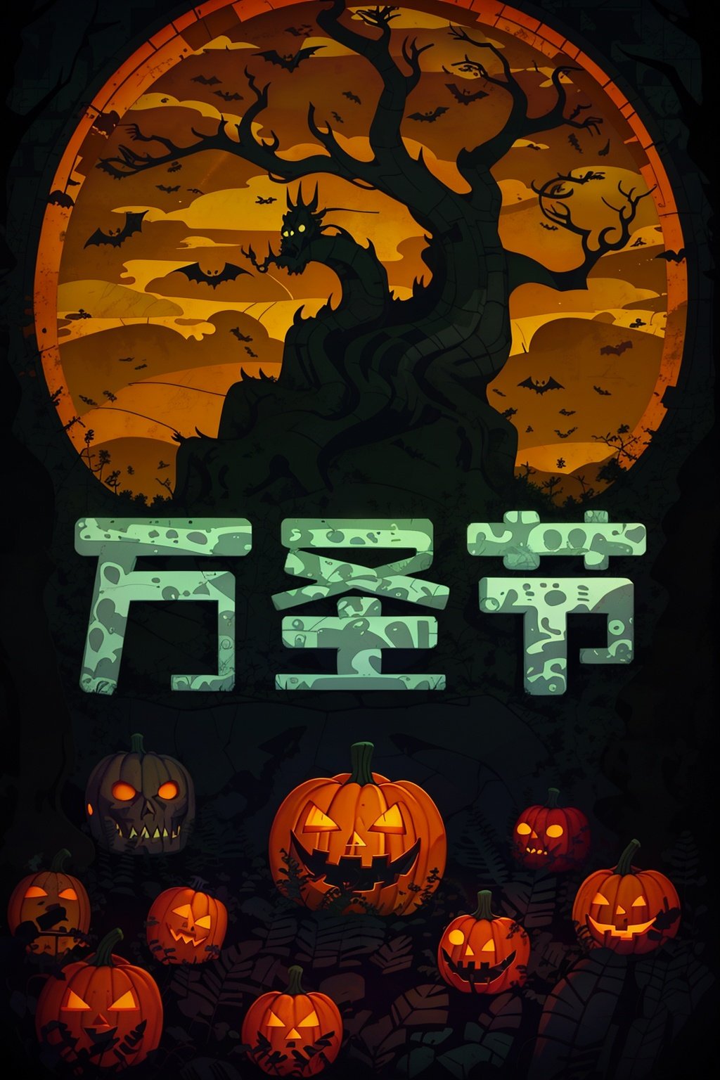  tree,Fence,tombstone,monster,Bats,full moon,Pumpkin lantern