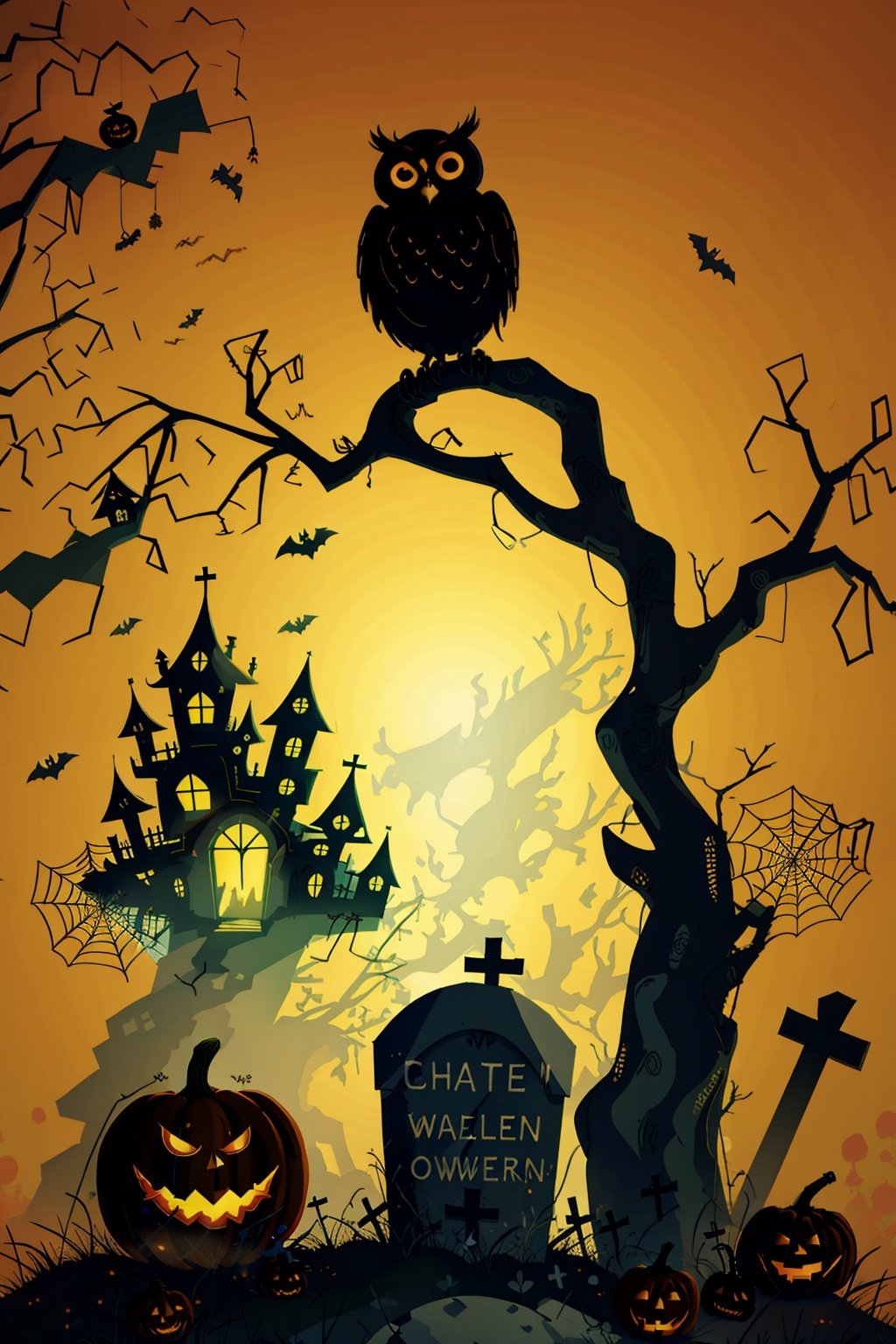  spider,tombstone,Owl,Spider web,ghost,castle,Pumpkin lantern