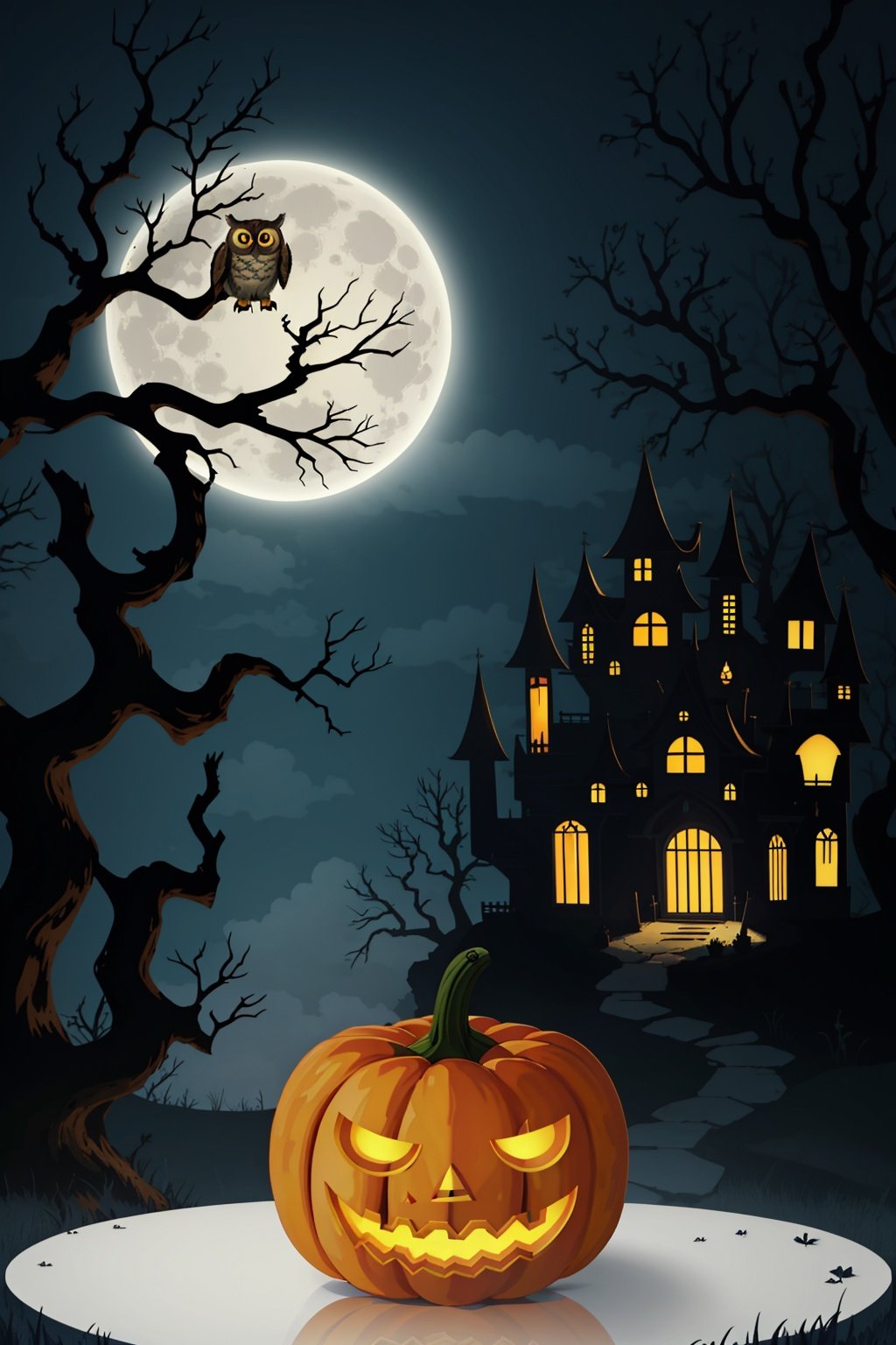 withered tree,Owl,castle,full moon,Pumpkin lantern