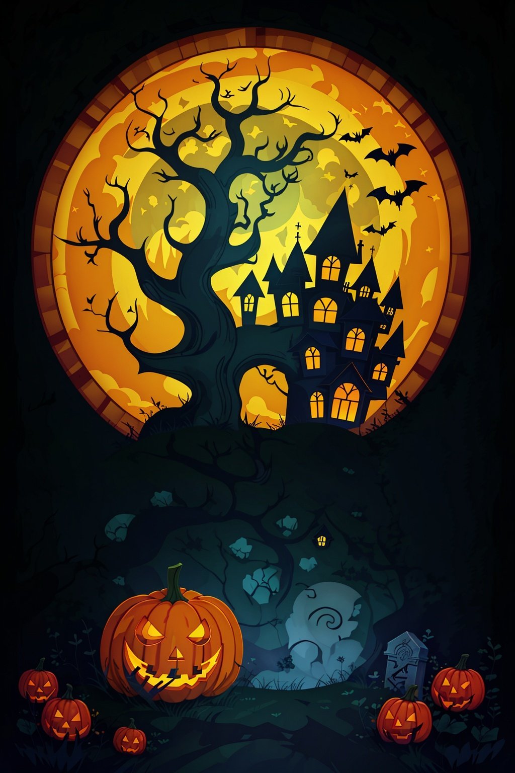  tree,Fence,tombstone,monster,Bats,full moon,Pumpkin lantern