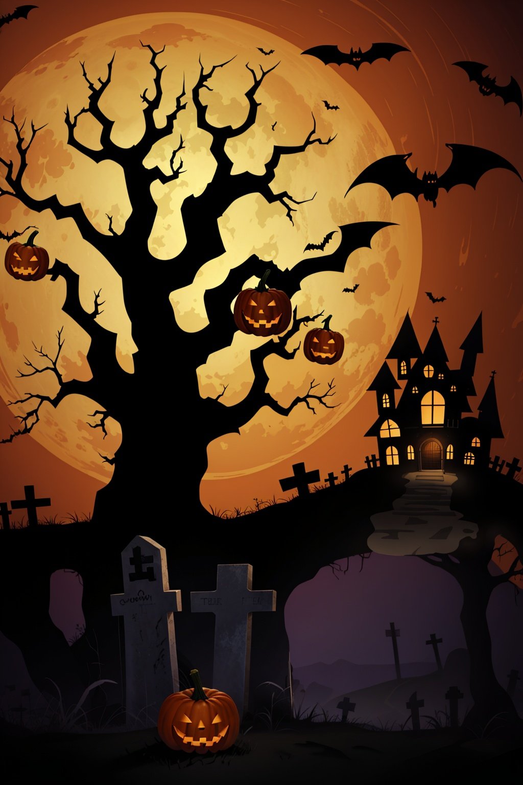 tree,Fence,tombstone,monster,Bats,full moon,Pumpkin lantern