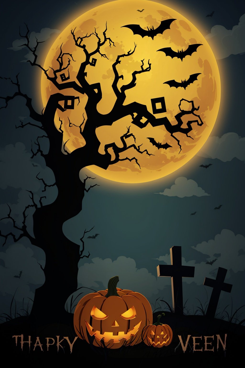 dark clouds,grass,tombstone,English letters,spider,Spider web,Bats,withered tree,full moon,Pumpkin lantern