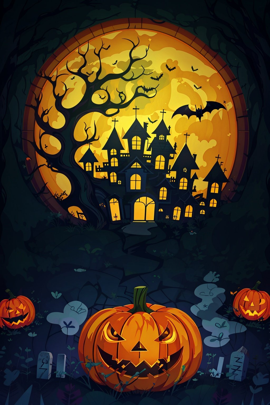  tree,Fence,tombstone,monster,Bats,full moon,Pumpkin lantern