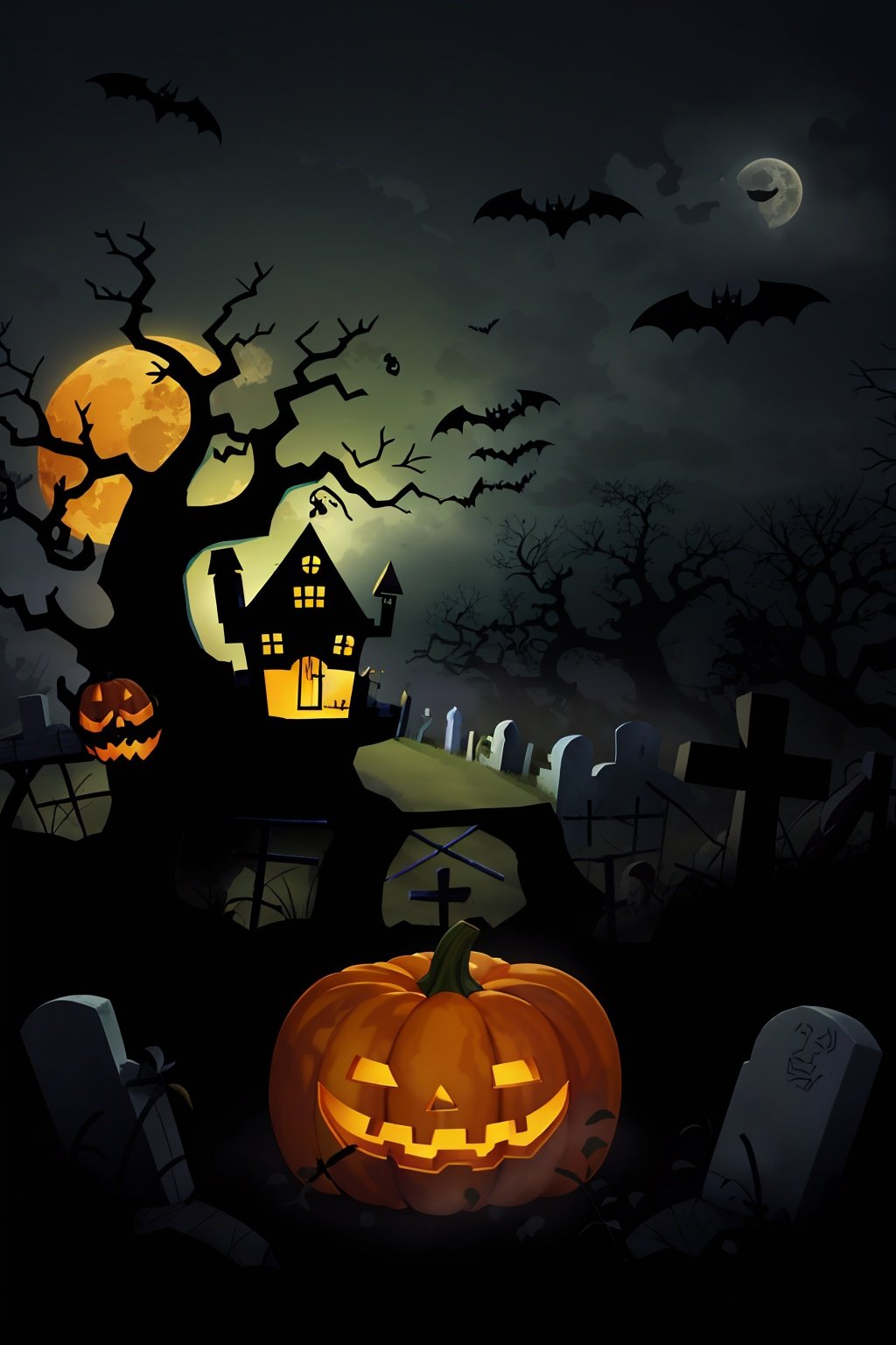  tree,Fence,tombstone,monster,Bats,full moon,Pumpkin lantern