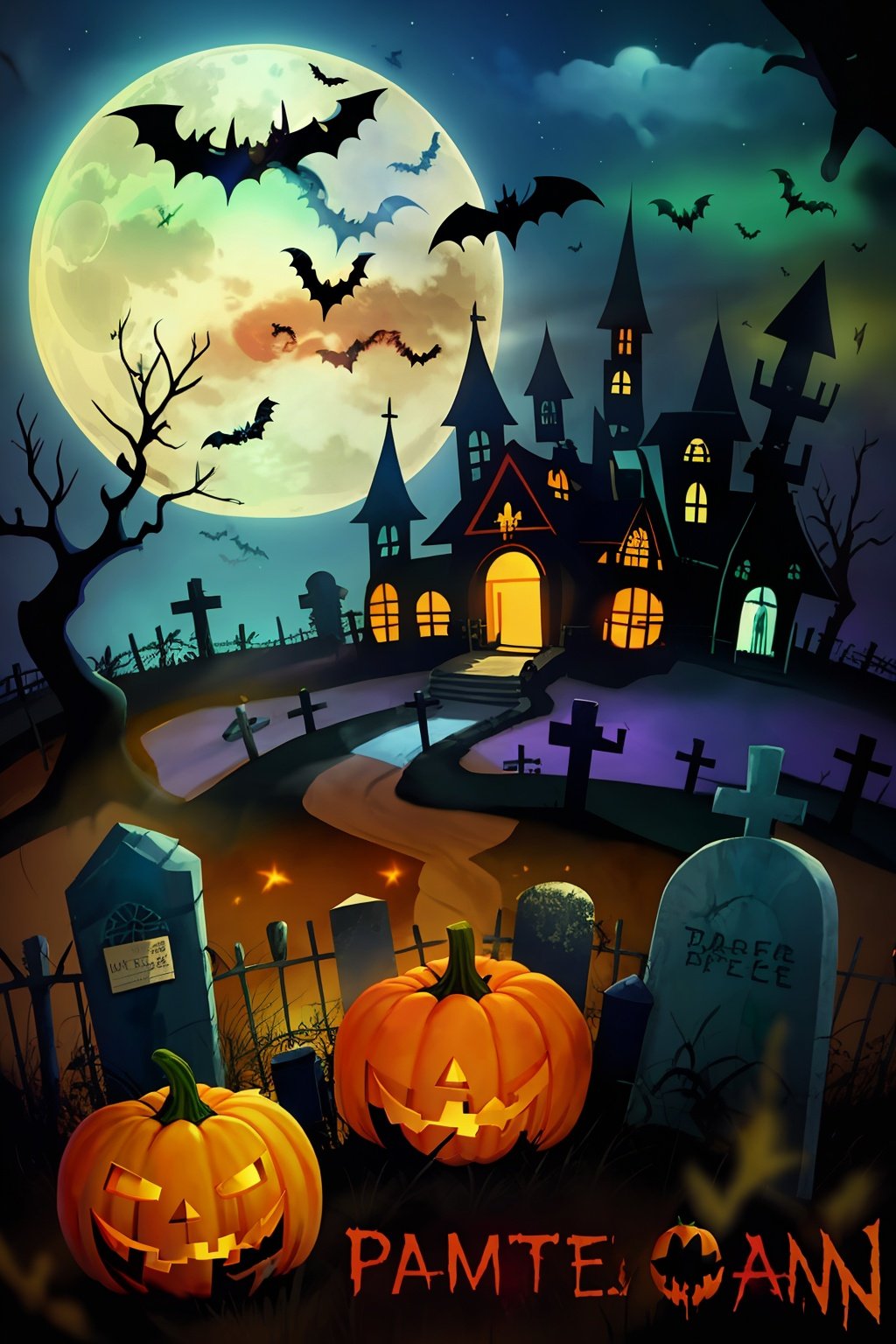  tree,Fence,tombstone,monster,Bats,full moon,Pumpkin lantern