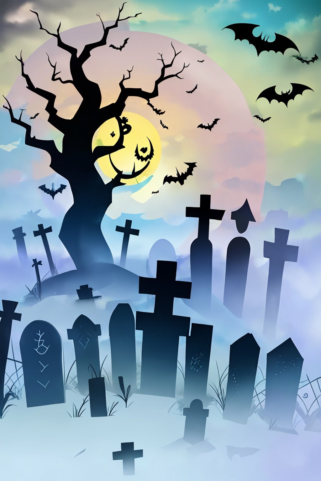  tree,Fence,tombstone,monster,Bats,full moon,Pumpkin lantern