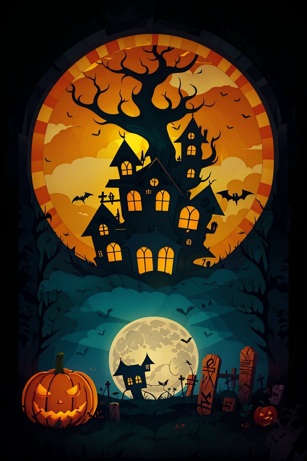  tree,Fence,tombstone,monster,Bats,full moon,Pumpkin lantern