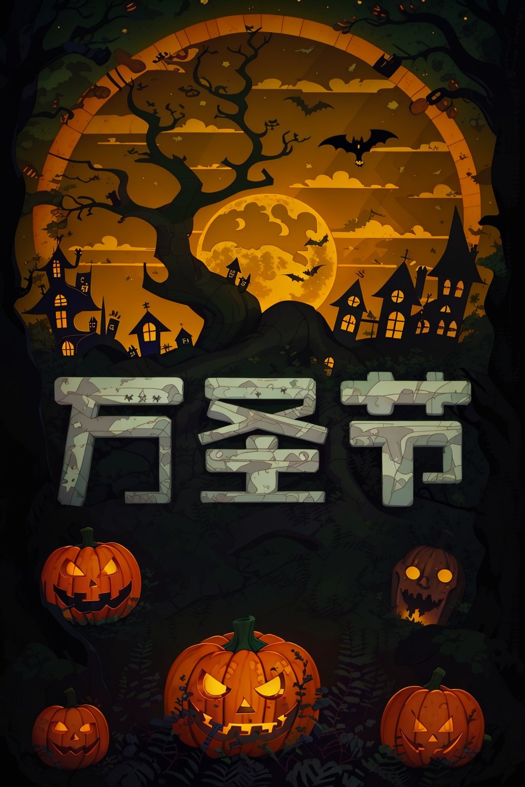  tree,Fence,tombstone,monster,Bats,full moon,Pumpkin lantern