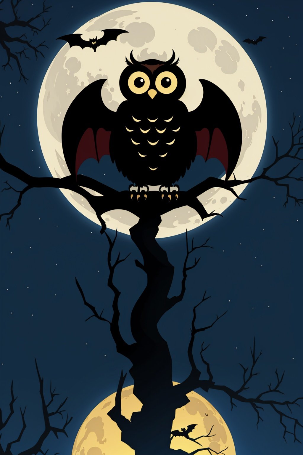 Huge owl, The moon, Bat