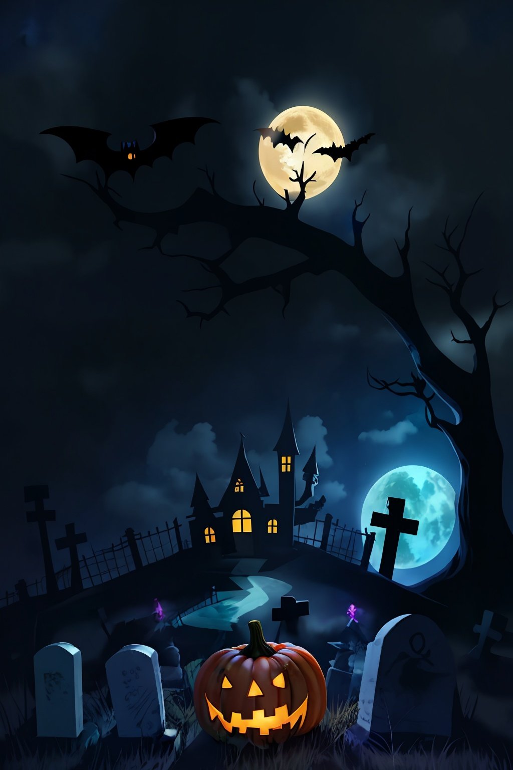  tree,Fence,tombstone,monster,Bats,full moon,Pumpkin lantern