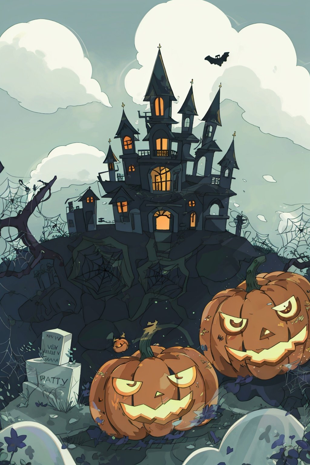  spider,tombstone,Owl,Spider web,ghost,castle,Pumpkin lantern