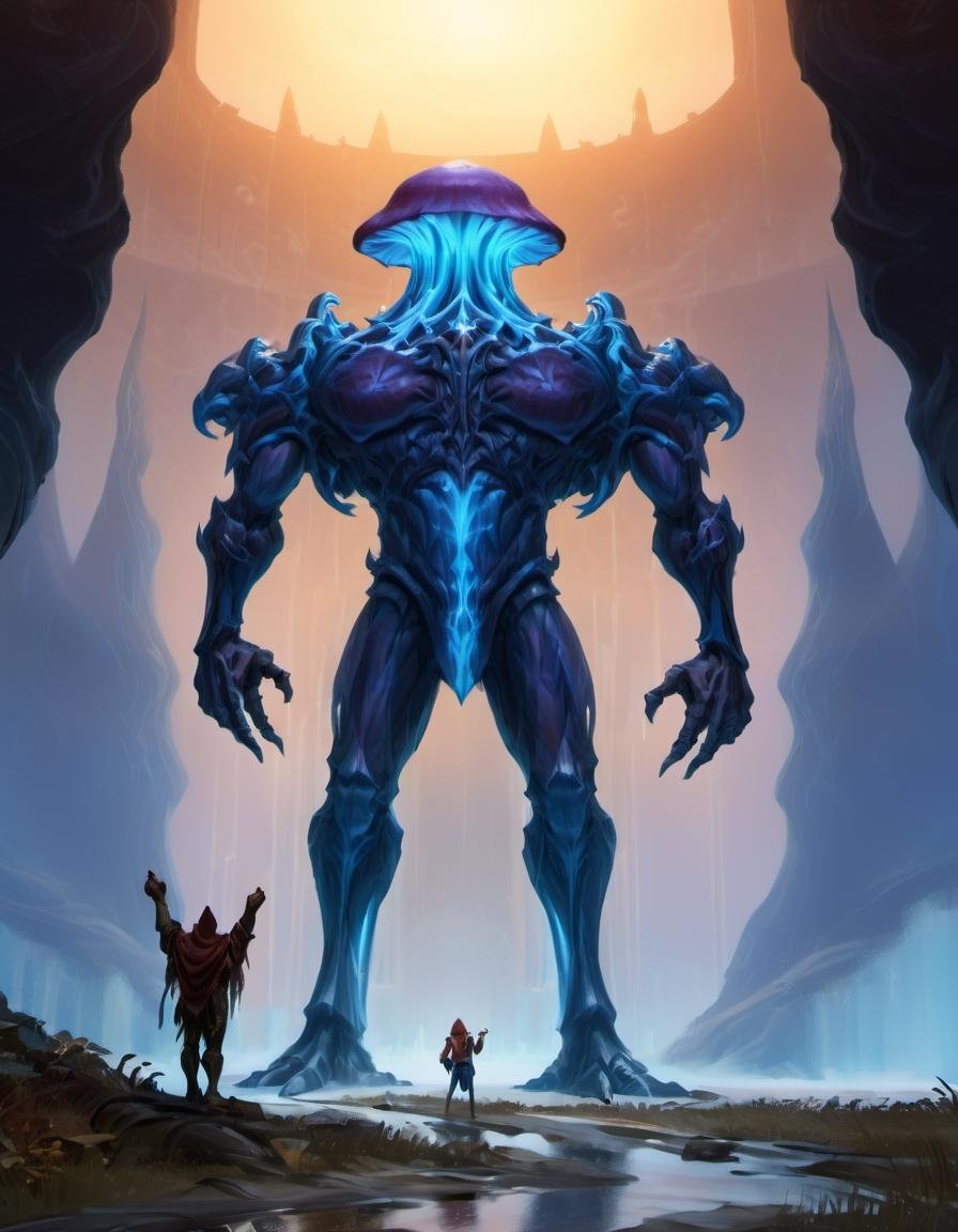 a giant menacing blue mushroom with strong arms and legs is towering over a minuscule human figure, low point of view, fantasy, sunset, sunbeam, particles, fog, backlighting <lora:XLPUNK_0.3_RC:0.8>