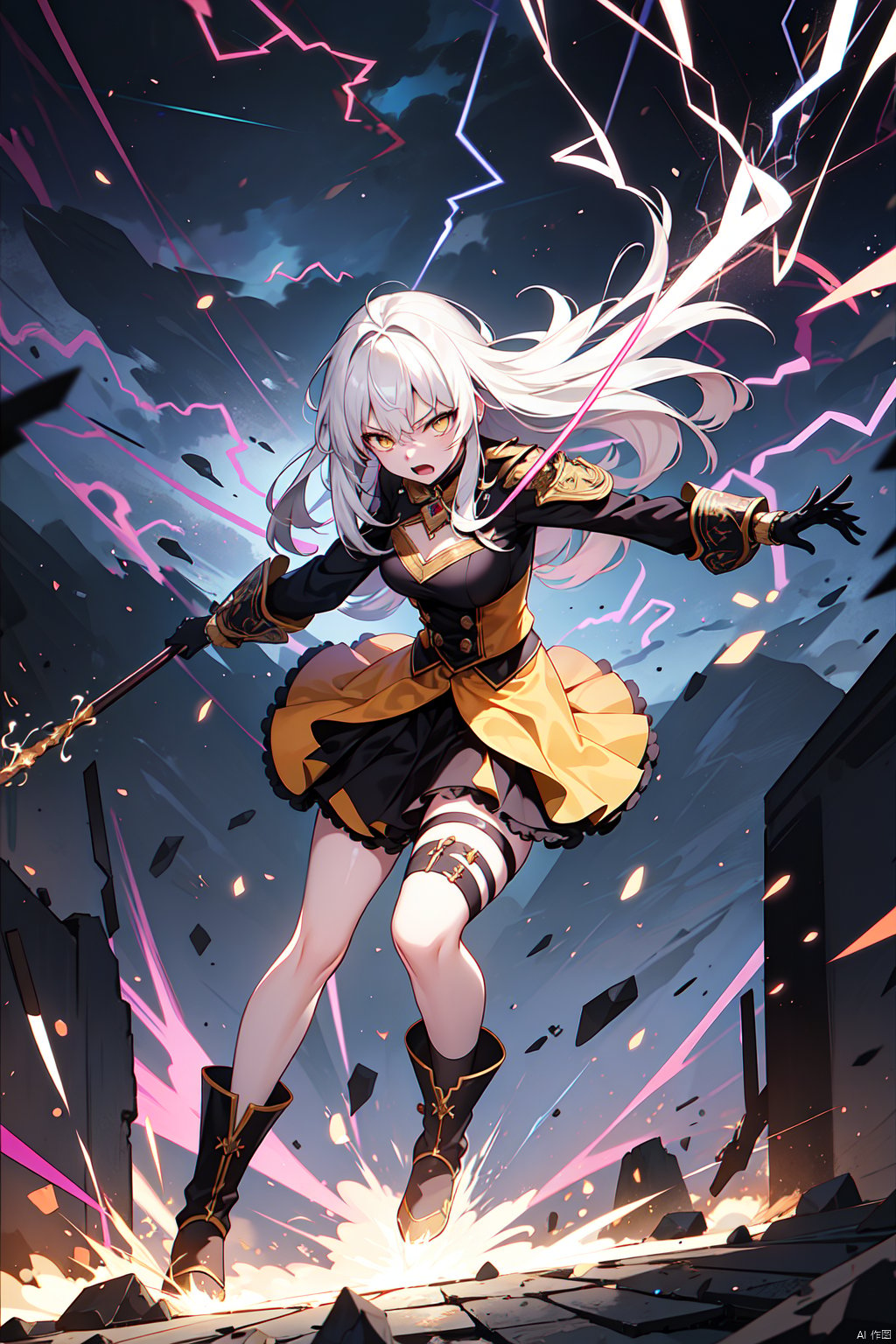  masterpiece, best quality,
1girl, solo, (motion lines:1.1), bloom, cinematic lighting, full body, white hair, yellow eyes, intricate skirt, (fighting:1.2), angry, (thunder:1.3), (flying sparks), dynamic angle
