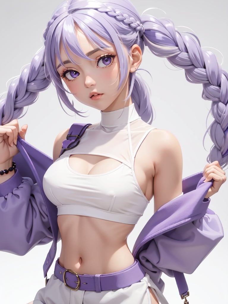  1girl, bracelet, white purple hair, long braided twintails ponytail, see-through bangs, crop_top underwear, white background, solo,close-up