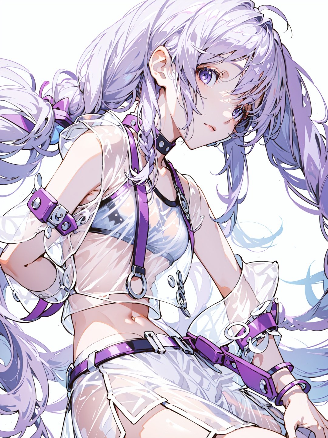  1girl, bracelet, white purple hair, long braided twintails ponytail, see-through bangs, crop_top underwear, white background, solo,close-up