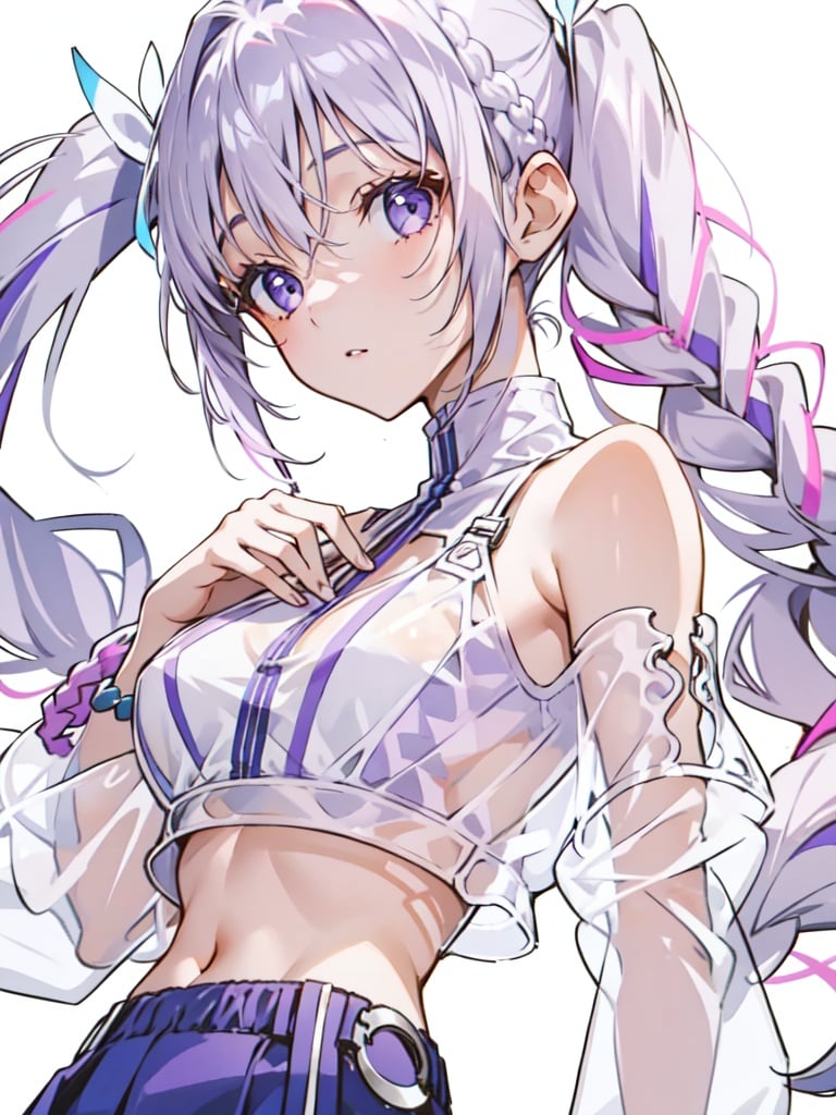  1girl, bracelet, white purple hair, long braided twintails ponytail, see-through bangs, crop_top underwear, white background, solo,close-up