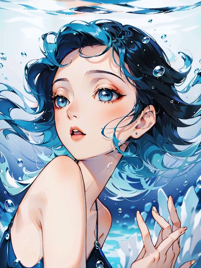  artstyle, 1girl, solo, black hair, portrait, underwater, bubble, blue eyes, air bubble, short hair, blue hair, parted lips, blue theme, looking up, open mouth, blurry, water, bangs, multicolored hair, floating hair, eyelashes, jewelry,