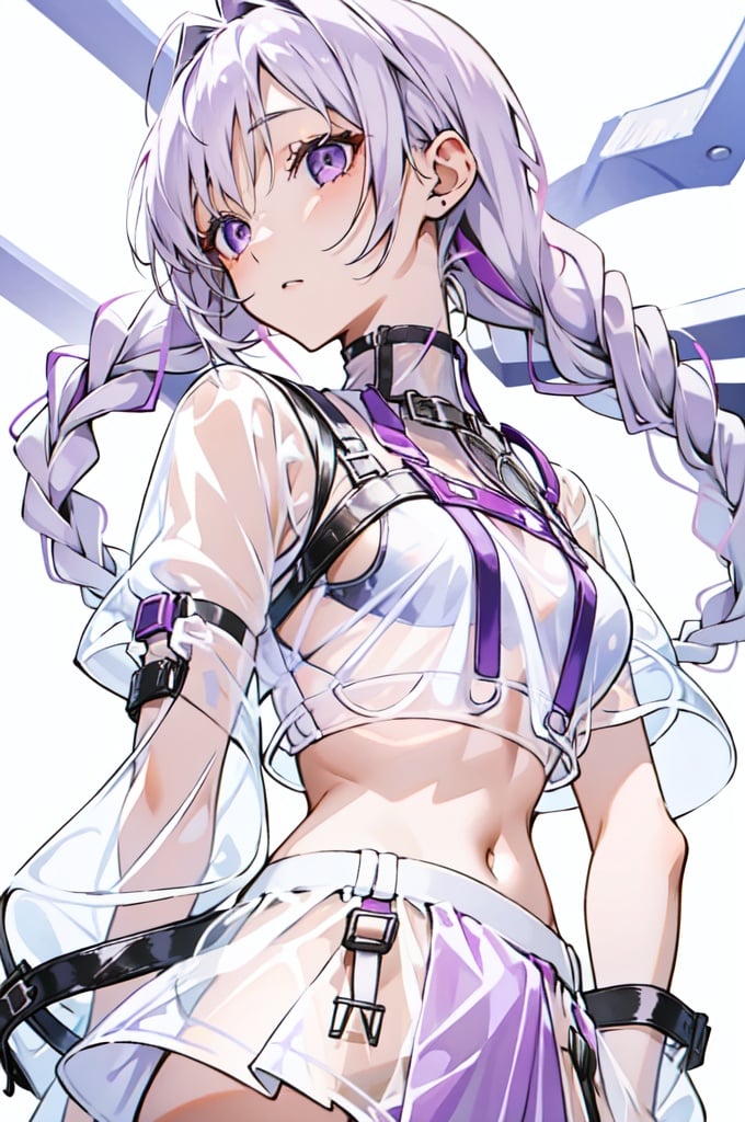  1girl, bracelet, white purple hair, long braided twintails ponytail, see-through bangs, crop_top underwear, white background, solo,close-up