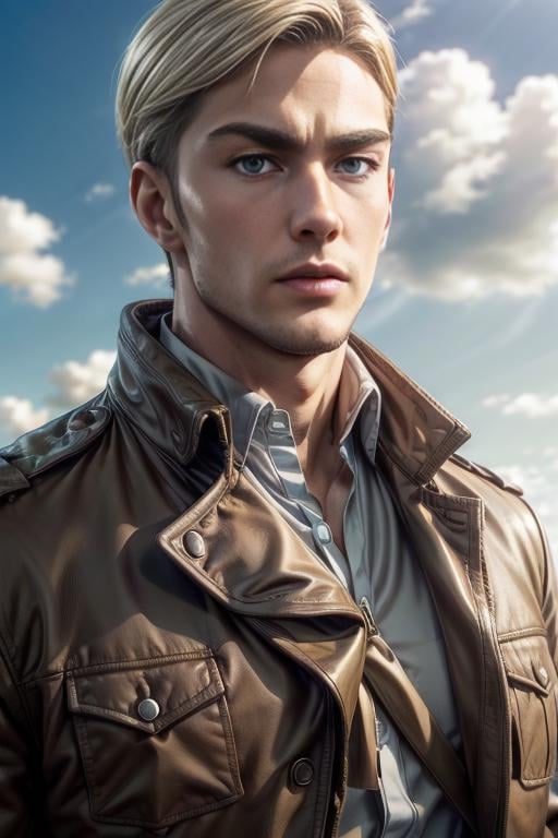 erwin_smith, muscular, broad shoulders, solo, looking at viewer, short hair, blue eyes, blonde hair, shirt, 1boy, jacket, white shirt, upper body, male focus, sky, day, cloud, brown jacket, paradis military uniform, <lora:erwin_smith:0.6>,  <lora:add_detail:1>  