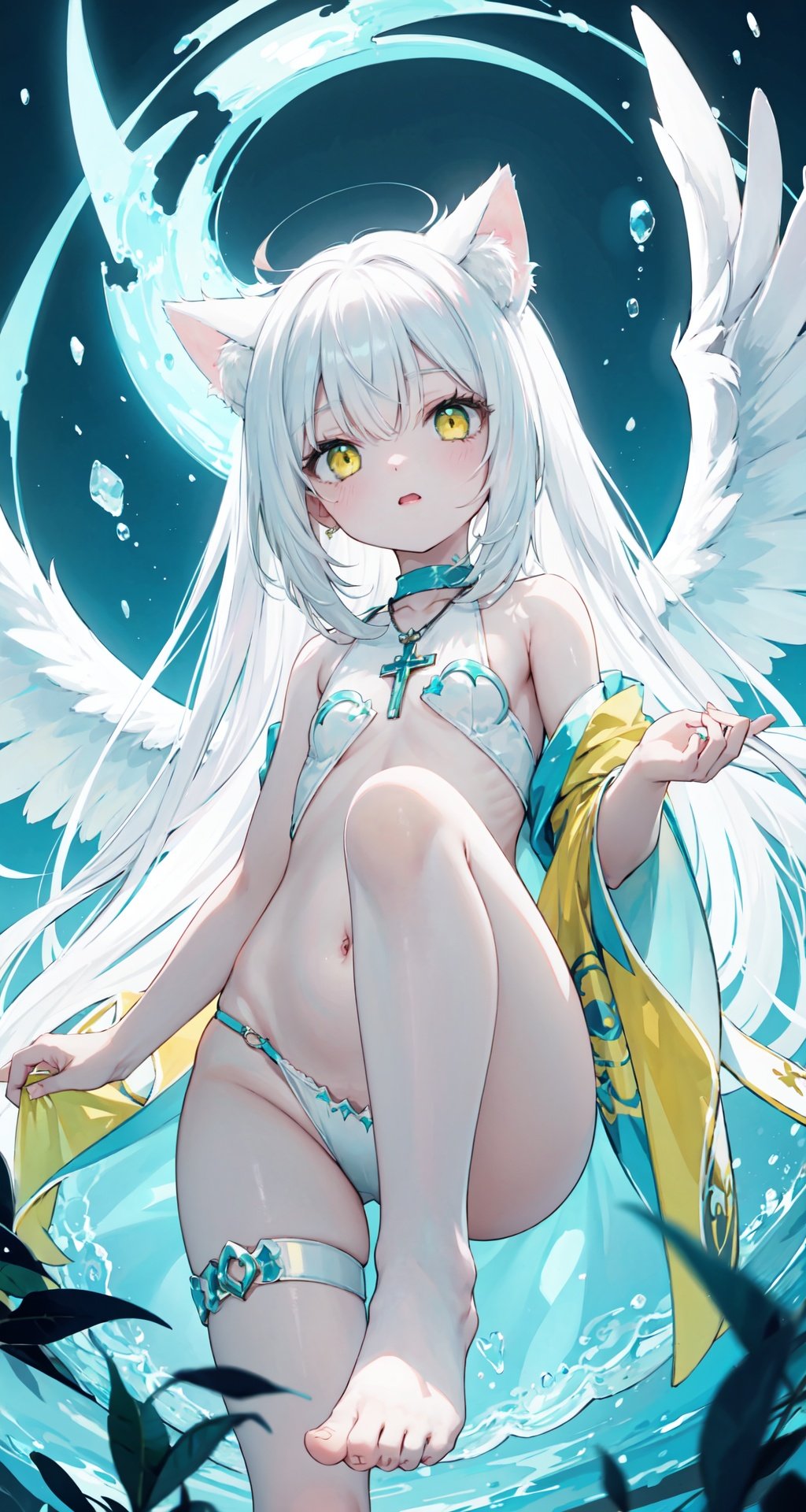  {masterpiece},white hair,yellow eyes,aqua eyes,looking up,stockings,dark skin,long hair,hime cut,messy hair,floating hair,demon wings,halo,cross necklace,holy,divinity,shine,holy light,cat girl,(loli),(petite),solo,cozy anime,houtufeng,letterboxed,1 girl,2D conceptual design