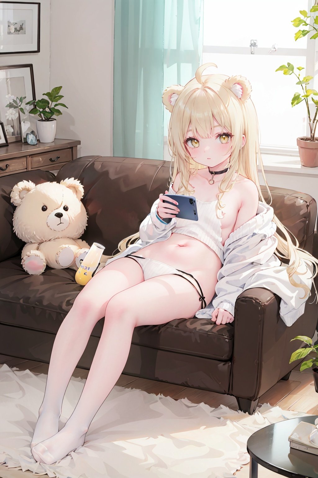  1girl, solo, food, cup, phone, sweater, long hair, socks, indoors, no shoes, lying, cellphone, brown eyes, looking at viewer, on stomach, long sleeves, off shoulder, couch, blush, table, plate, window, bangs, braid, ahoge, stuffed animal, sleeves past wrists, legs up, stuffed toy, off-shoulder sweater, saucer, mug, parted lips, blonde hair, on couch, puffy sleeves, choker, puffy long sleeves, sunlight, feet up, curtains, smartphone, yellow socks, twitter username, brown sweater, bare shoulders, day, black choker, blurry, the pose, :o, teddy bear, blurry background, teacup, cookie, full body, very long hair, cuteloli