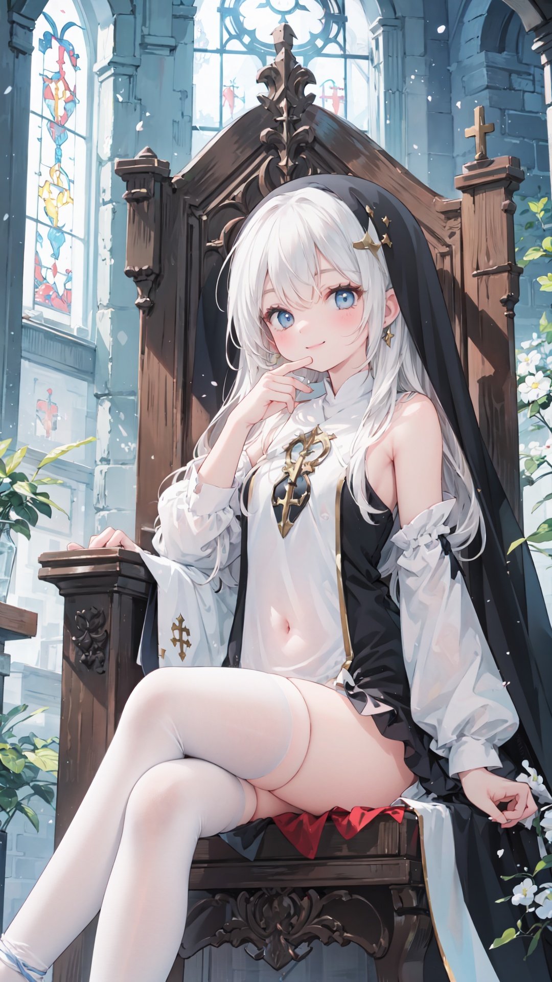  from side, masterpiece, best quality, small breasts, sitting, crossed legs, hand on mouth, smile, nun, (naked tabard:1.2), detached sleeves, black thighhighs, church, throne, backlight, 1girl