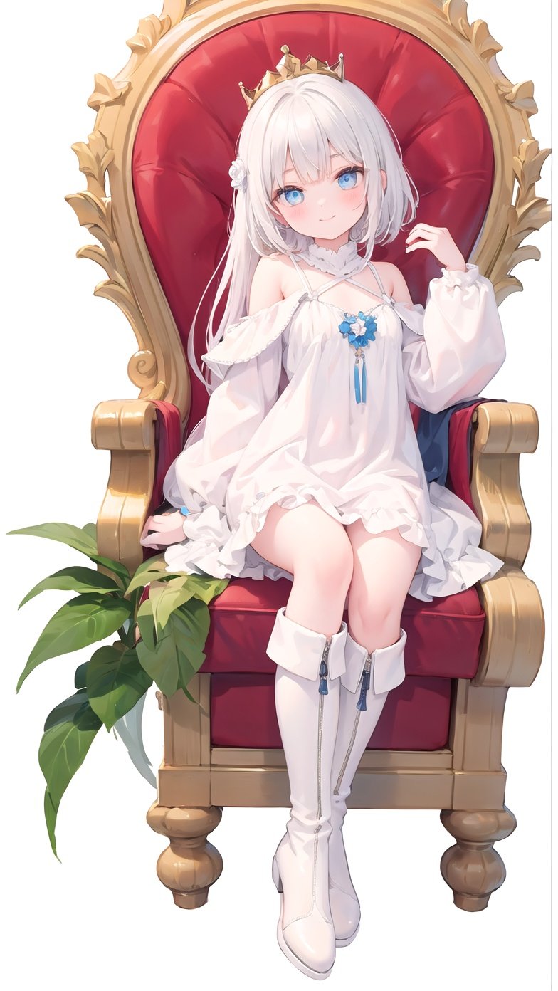 1girl, solo, blue eyes, long hair, sitting, flower, boots, dress, blue flower, crown, looking at viewer, white hair, white dress, white footwear, throne, white background, bangs, full body, bare shoulders, chair, simple background, smile, knee boots, closed mouth, head tilt, breasts, hand up, off shoulder, jewelry, long sleeves, plant, blush, frills