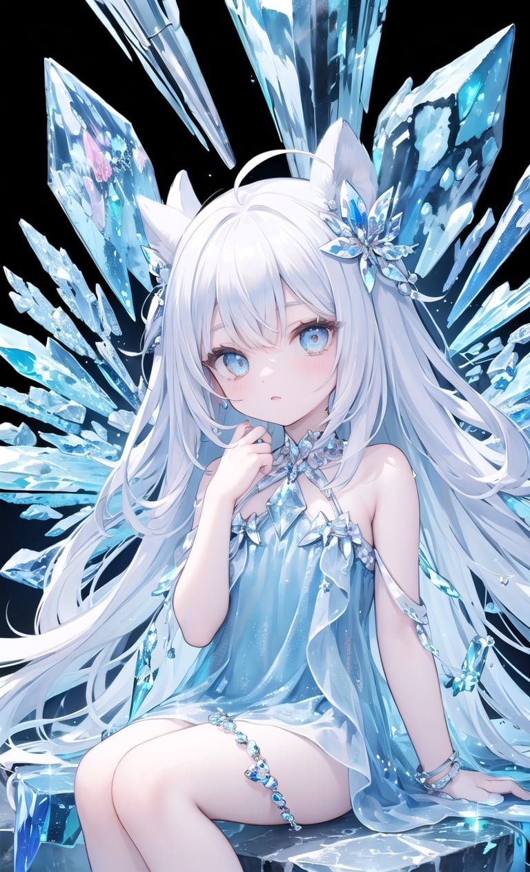 masterpiece, best quality, masterpiece,best quality,official art,extremely detailed CG unity 16k wallpaper,masterpiece, ((1girl)),(science fiction:1.1), (ultra-detailed crystallization:1.5), (crystallizing girl:1.5), kaleidoscope, ((iridescent:1.5) long hair), (glittering silver eyes), sitting, surrounded by colorful crystals, blue skin, (skin fusion with crystal:1.8), looking up, face focus, simple dress, transparent crystals, flat dark background, lens flare, prism,