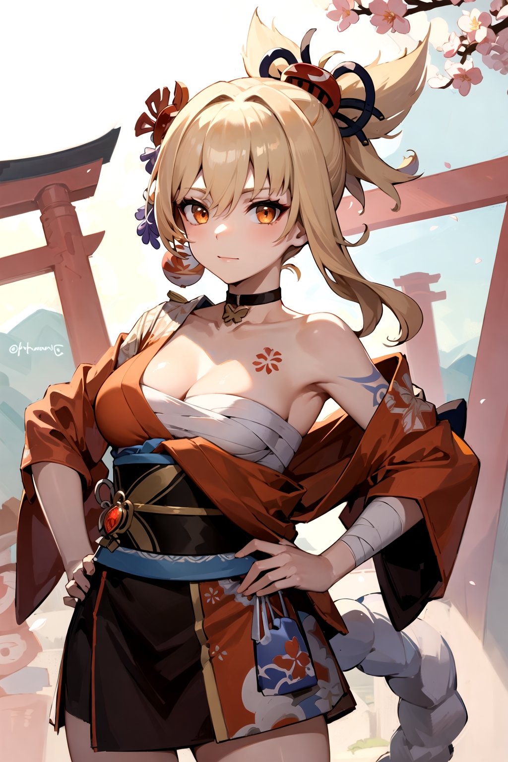 masterpiece, best quality, highres, 1girl, blonde hair, medium hair, asymmetrical hair, floating hair, hair between eyes, high ponytail, sidelocks, hair ornament, kanzashi, bangs, orange eyes, choker, red choker, pendant choker, collarbone, tattoo, chest tattoo, flower tattoo, cleavage, medium breasts, yoimiya \(genshin impact\), bandages, bandaged leg, sarashi, budget sarashi, chest sarashi, black sash, hadanugi dousa, houkisei, japanese clothes, kimono, kinchaku, obi, obiage, obijime, orange kimono, pouch, print kimono, rope, sash, shimenawa, short kimono, single bare shoulder, vision (genshin impact), slight smile, looking at viewer, cherry blossoms, torii, multiple torii, (hands on hips:1.2), cowboy shot, 