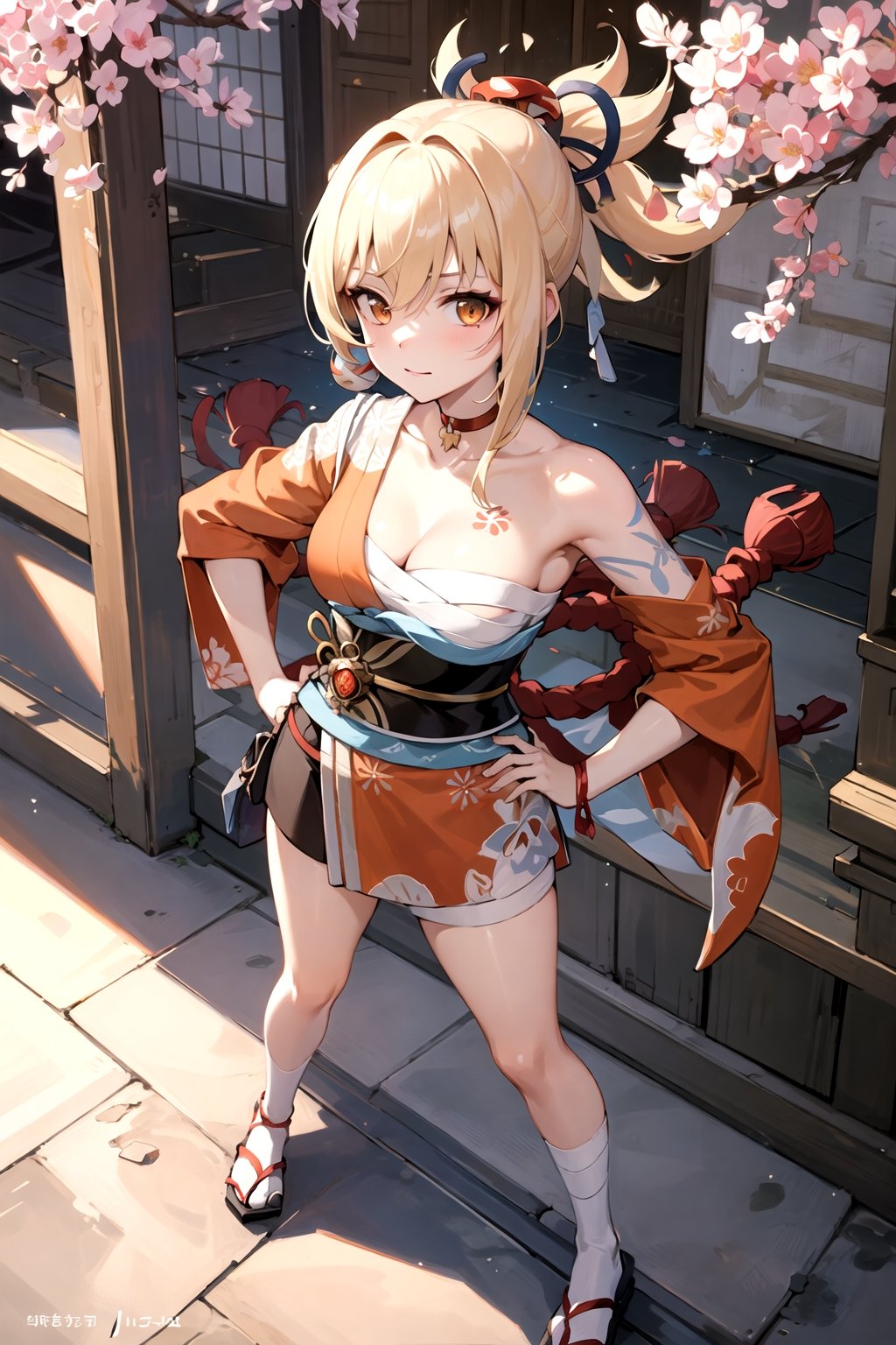 masterpiece, best quality, highres, 1girl, blonde hair, medium hair, asymmetrical hair, floating hair, hair between eyes, high ponytail, sidelocks, hair ornament, kanzashi, bangs, orange eyes, choker, red choker, pendant choker, collarbone, tattoo, chest tattoo, flower tattoo, cleavage, medium breasts, yoimiya \(genshin impact\), bandages, bandaged leg, sarashi, budget sarashi, chest sarashi, black sash, hadanugi dousa, houkisei, japanese clothes, kimono, kinchaku, obi, obiage, obijime, orange kimono, pouch, print kimono, rope, sash, shimenawa, short kimono, single bare shoulder, vision (genshin impact), slight smile, looking at viewer, cherry blossoms, torii, multiple torii, (hands on hips:1.2), full body, 