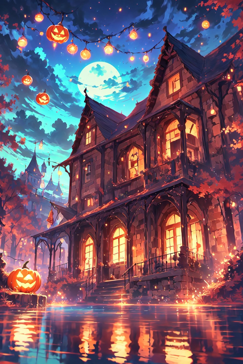 cinematic light and reflections, Glowing lights, Intermediate metaverse elements,Digitintermediate glowing reflections, Pondering, Halloween Jack Lantern, calm evening, Digital illustration, Beautiful atmosphere, Skylight at night, Peaceful evening atmosphere, Jack-o'-lantern, Halloween, the night, themoon, game scenes, Halloween, Surrounded by clouds, ( (Splash ink ) ), ((Splash ink) Inky})), tmasterpiece, high qulity, Beautiful graphics, high detal,Magnificent JaLanteen,