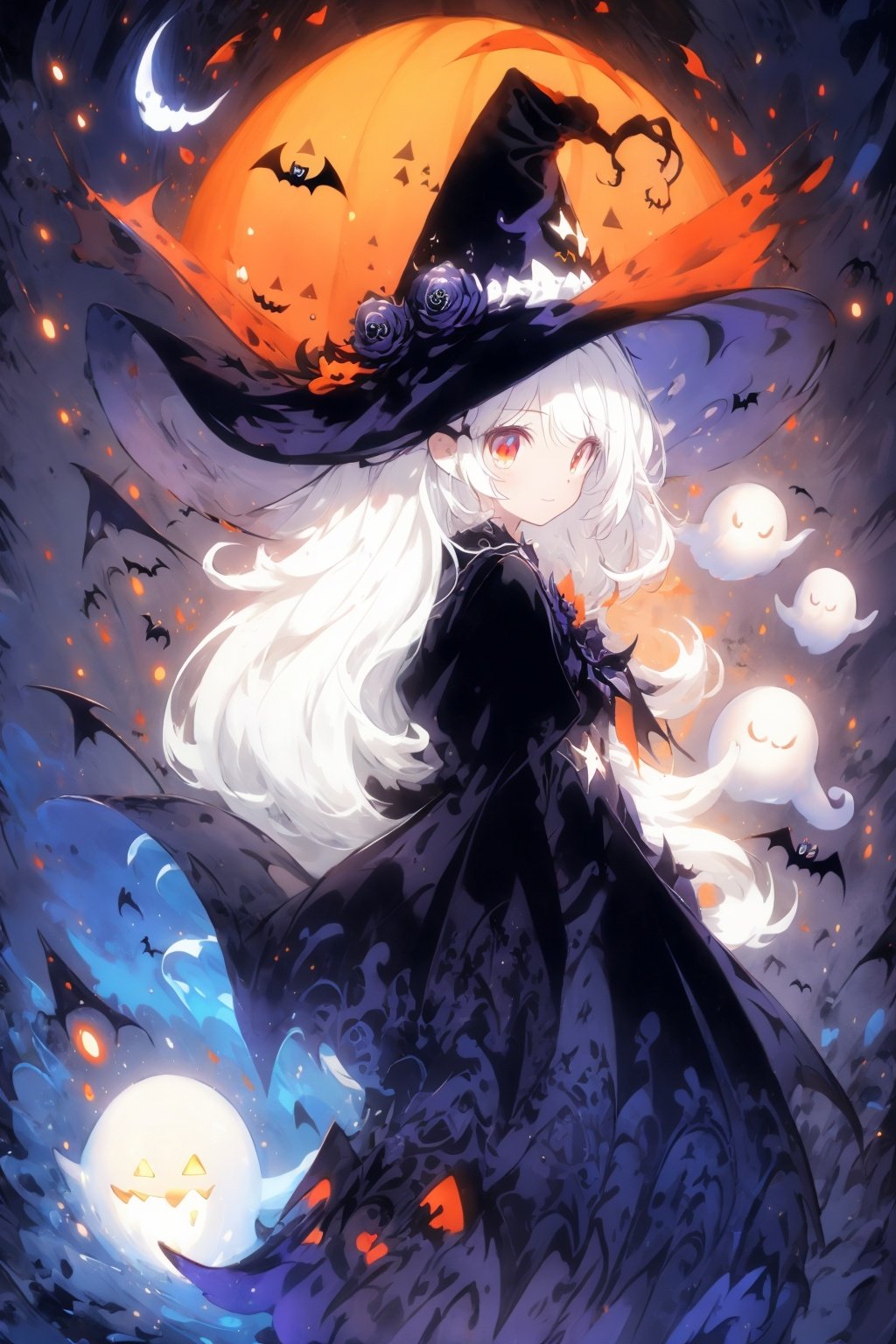  ((masterpiece:1)),(((best quality))),illustration,extremely detailed 8k wallpaper,colorful,

1girl,white hair,red eyes,shining eyes,

(ghost)


beautiful and detailed cloudy sky,castle,bat (animal),(halloween:1.1),full red moon,Beautiful and detailed black,(jack-o'-lantern:0.8)

 (Abstract Art:1.35),(flat color:1.3),(high contrast:1.3),happy halloween,(candy:1.2)
, wansheng, JaLanteen