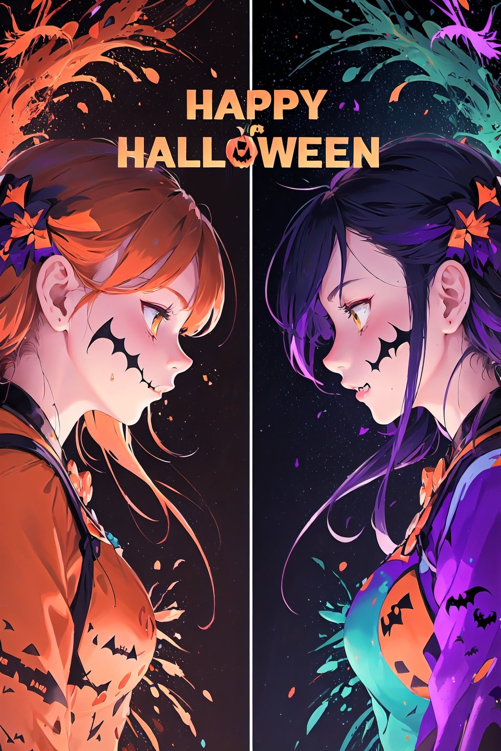  Symmetrical split screen theme,(from front side:1.2),(paint effect:1.3), ((lots of galaxy+halloween color feathers):1.3), (mixed rainbow color), flowing, (Melted, splashed ink)
, cute face, upper body, Hair pumpkin, decorative art, (Heterochromatic<(red, yellow)>:1.2), 
, secai