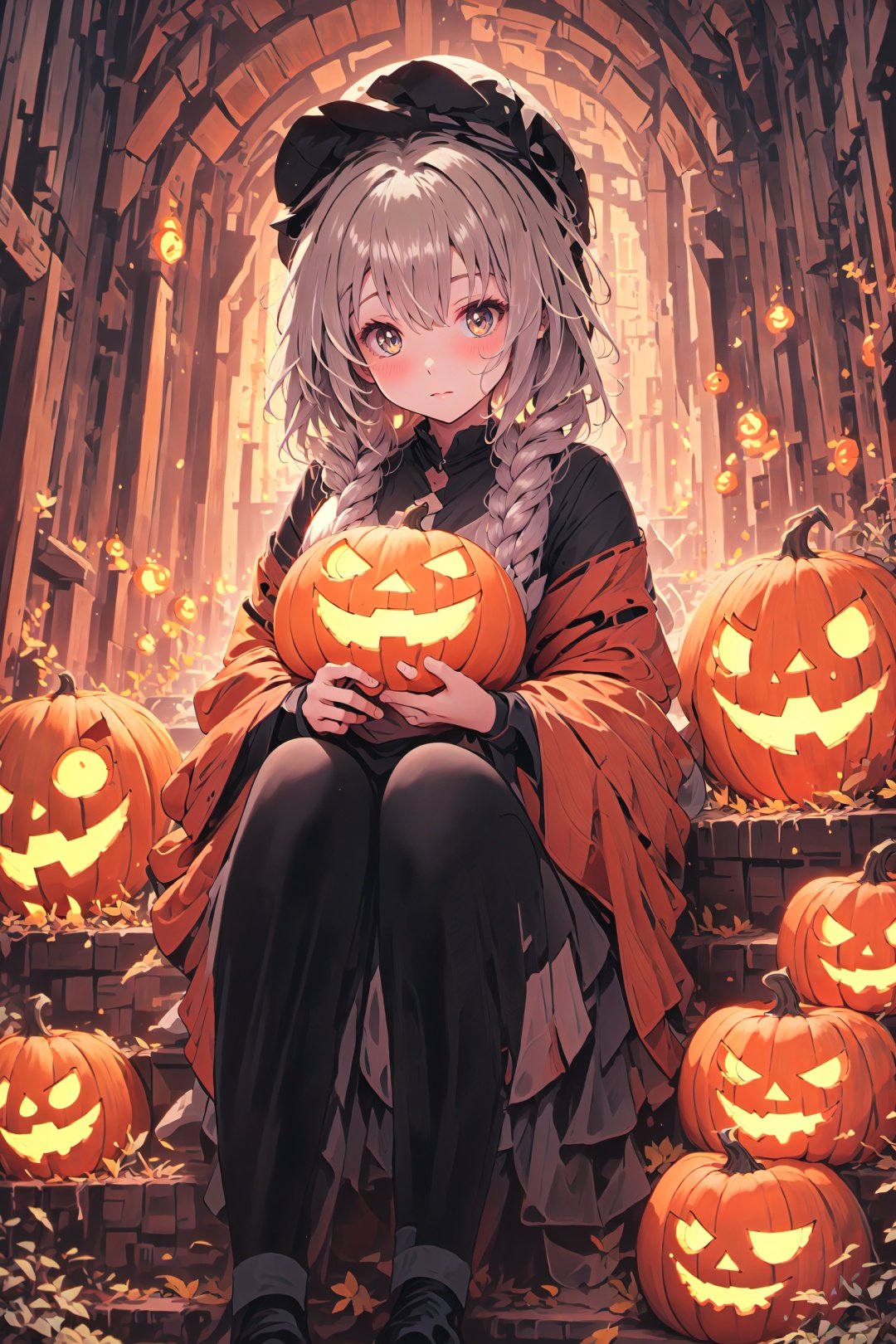  Curvaceous,1girl,sitting on 1spooky pumpkin,full body view,creepy pumpkins background,dressed as a witch,tall witch hat,thigh_highs,mini_skirt,large_hips,spooky,ghosts, Halloween, gigantic_breasts,cleavage cutout,blushing,ahegao_face,black-hair,green-eyes,heart-shaped_pupils,long_hair,tiny-waist,High detailed, JaLanteen, secai