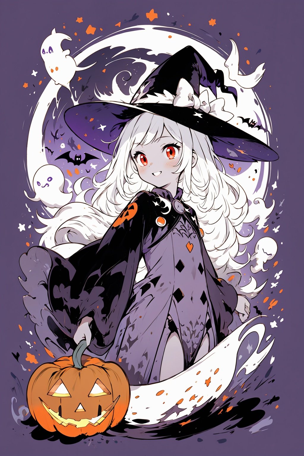  ((masterpiece:1)),(((best quality))),illustration,extremely detailed 8k wallpaper,colorful,

1girl,white hair,red eyes,shining eyes,

(ghost)


beautiful and detailed cloudy sky,castle,bat (animal),(halloween:1.1),full red moon,Beautiful and detailed black,(jack-o'-lantern:0.8)

 (Abstract Art:1.35),(flat color:1.3),(high contrast:1.3),happy halloween,(candy:1.2)
, wansheng, JaLanteen