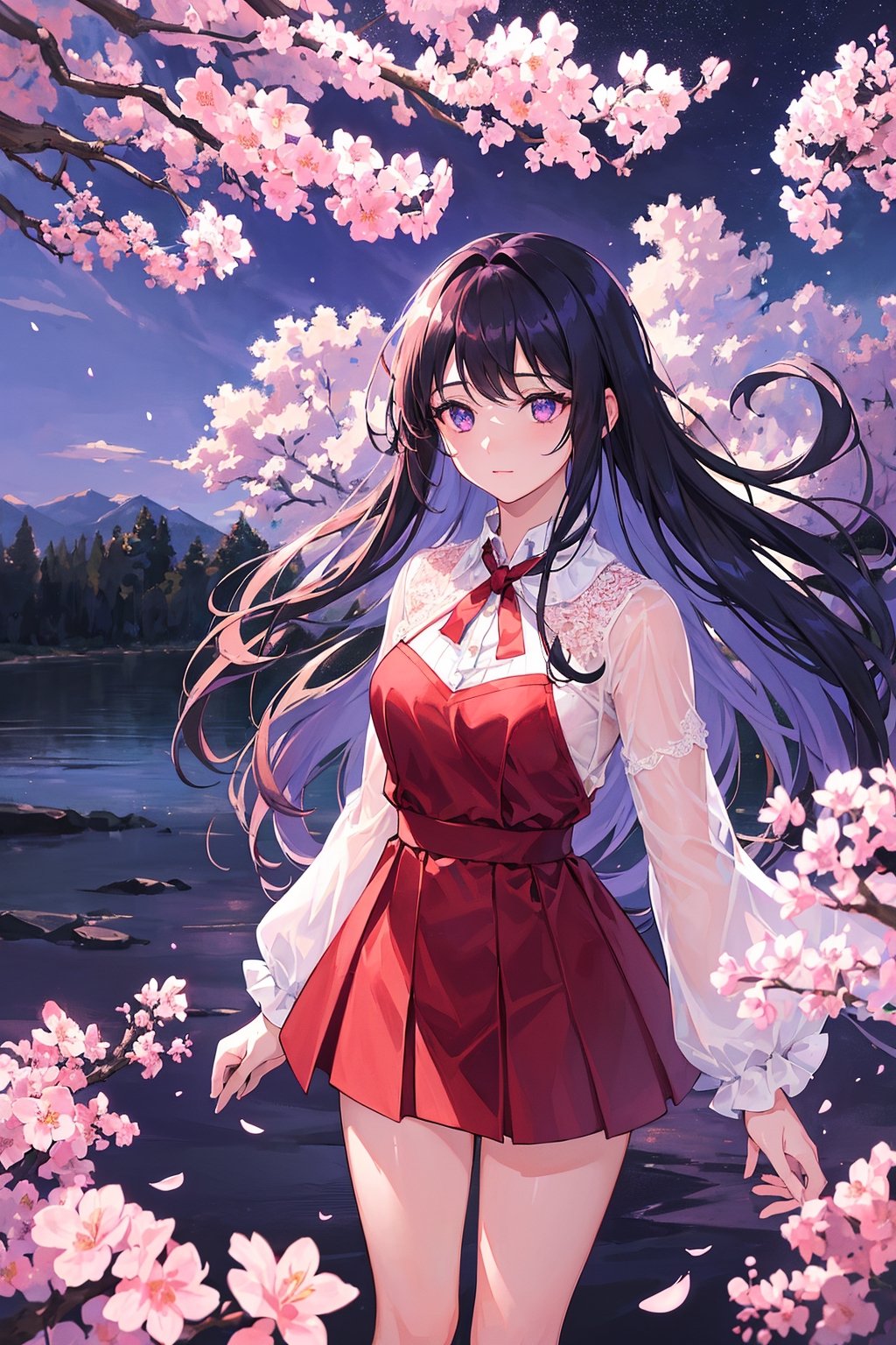 (best quality, 8K, ultra-detailed, masterpiece), (ultra-realistic, photorealistic), A mesmerizing scene featuring a lone girl with enchanting purple eyes, standing against a serene night background. The moon illuminates the surroundings, casting a soft glow on the cherry blossoms in full bloom. The girl is adorned in red fluffy clothes, creating a striking and dreamlike composition.