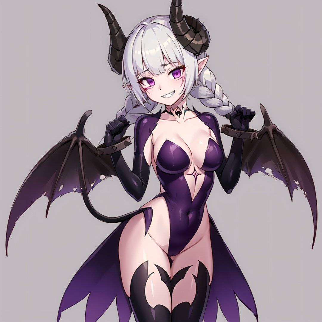 (best quality), ((masterpiece)), (highers), original, extremely detailed CG unity 8k wallpaper,Nyarly, pointy ears, demon girl, twin braids, high heels, purple eyes, black thighhighs, demon wings, demon horns, purple leotard1girl,cowboy shot,grin,cat pose, simple background, white background,,  <lora:Nyarly_DNF:0.7>