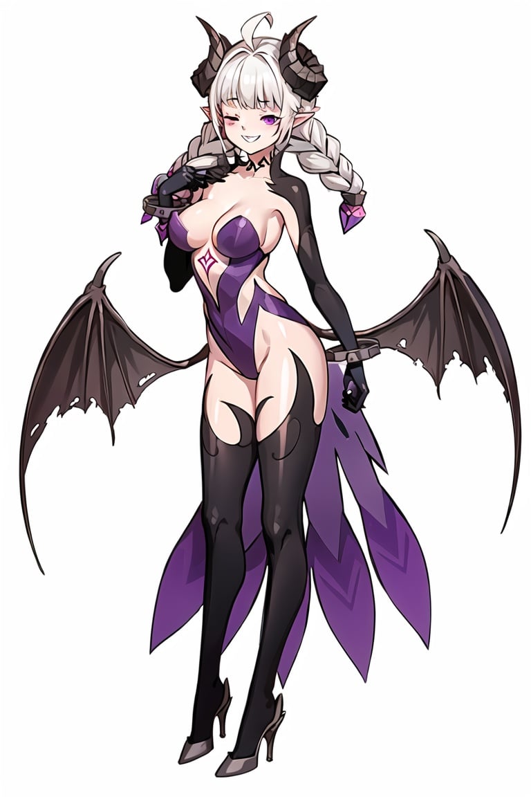 (best quality), ((masterpiece)), (highers), original, extremely detailed CG unity 8k wallpaper,Nyarly, pointy ears,  twin braids, high heels, purple eyes, black thighhighs, demon wings, demon horns, purple leotard,1girl,full_body,standing,hand on chest,heel up,  one eye closed, grin,simple background, white background,,  <lora:Nyarly_DNF:0.7>