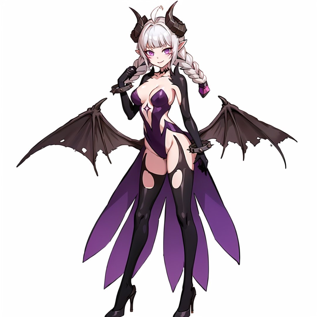 (best quality), ((masterpiece)), (highers), original, extremely detailed CG unity 8k wallpaper,Nyarly, pointy ears, demon girl, twin braids, high heels, purple eyes, black thighhighs, demon wings, demon horns, purple leotard1girl,full_body,smile,standing,simple background, white background,,  <lora:Nyarly_DNF:0.7>