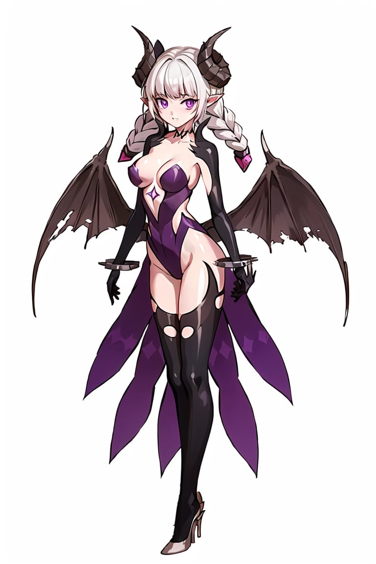 (best quality), ((masterpiece)), (highers), original, extremely detailed CG unity 8k wallpaper,Nyarly, pointy ears,  twin braids, high heels, purple eyes, black thighhighs, demon wings, demon horns, purple leotard1girl,full_body,standing,simple background, white background,,  <lora:Nyarly_DNF:0.7>