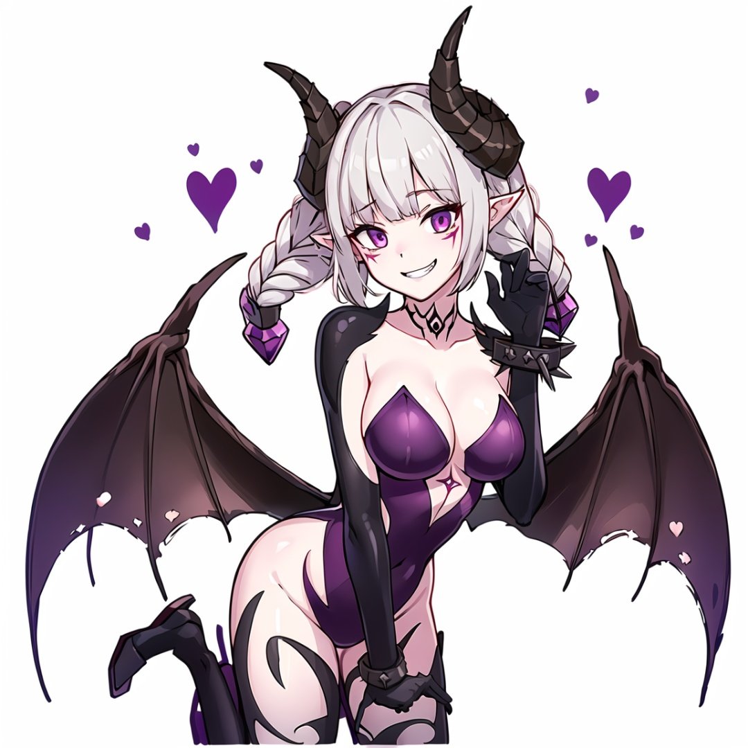 (best quality), ((masterpiece)), (highers), original, extremely detailed CG unity 8k wallpaper,Nyarly, pointy ears, demon girl, twin braids, high heels, purple eyes, black thighhighs, demon wings, demon horns, purple leotard1girl,cowboy shot,grin,cat pose, simple background, white background,,  <lora:Nyarly_DNF:0.7>