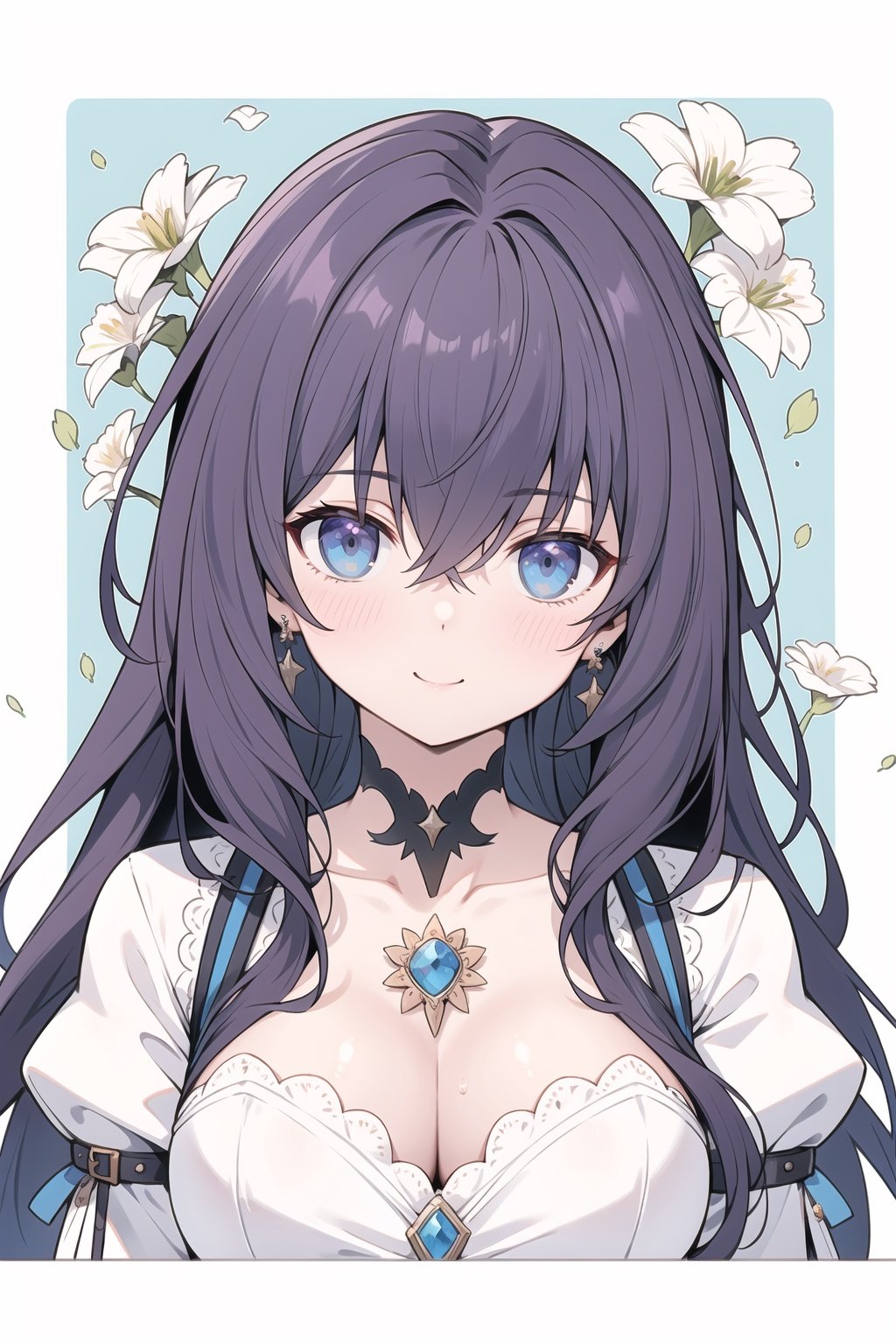  :),blush,flower, lily_\(flower\), white_flower, 1girl, jewelry, earrings, daisy, white_rose, solo, blue_flower, holding_flower, rose, floral_background, blue_eyes, black_flower, bangs, long_hair, looking_at_viewer, plant, brooch, closed_mouth, portrait, purple_hair, breasts, long_hair, collarbone, cleavage, solo, scathach_\(fate\), hair_between_eyes, looking_at_viewer