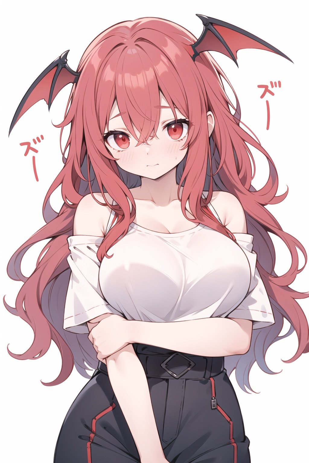 Koakuma, T-shirt, off shoulder, no legwear, upper body, arms at sides, large breasts, Red hair, red eyes, (Shy: 1.2)