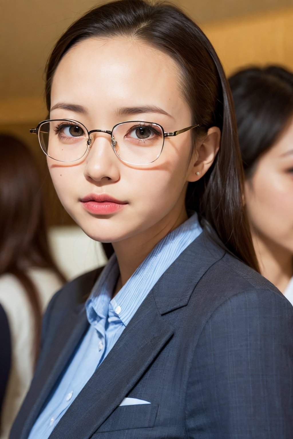 best quality, masterpiece, ultra high resolution, (photorealistic:1.4), RAW photo ,1girl, (portrait:0.8), (close-up:0.8)(cute,kawaii,:1.4)japanese,(suit:1.3)office lady, semi-rimless eyewear,(40yo:1.3),BREAKbrown_eyes, black_hair, straight hair, lips, (forehead:1.3), plump,petite,large breasts,  (focus face:1.3),