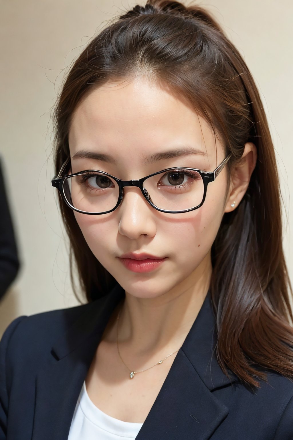 best quality, masterpiece, ultra high resolution, (photorealistic:1.4), RAW photo ,1girl, (portrait:0.8), (close-up:0.8)(cute,kawaii,:1.4)japanese,(suit:1.3)office lady, semi-rimless eyewear,(40yo:1.3),BREAKbrown_eyes, black_hair, straight hair, lips, (forehead:1.3), plump,petite,large breasts,  (focus face:1.3),