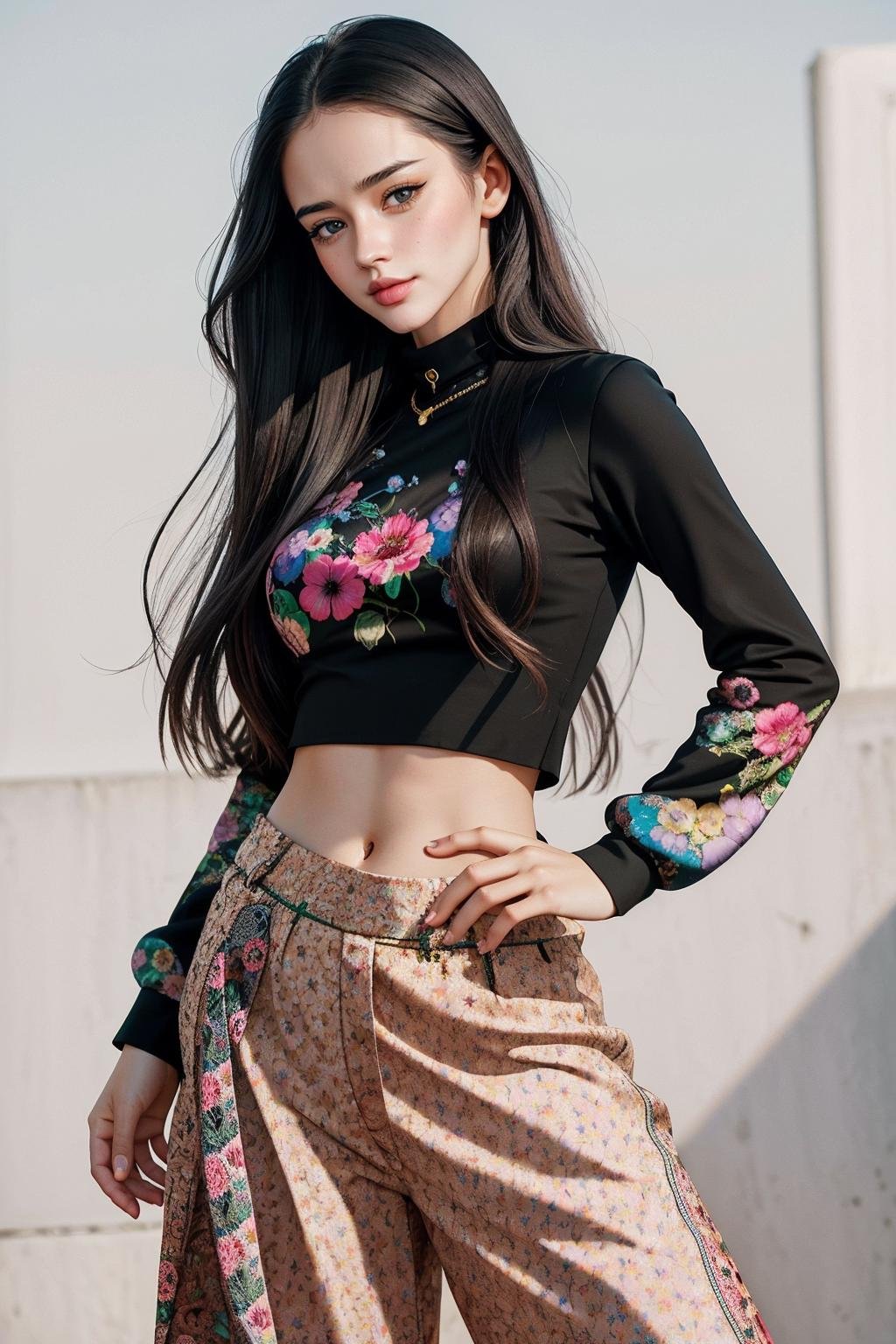 ((Masterpiece, best quality,edgQuality))beautiful edgArg_woman,edgArg_body,edgArg_face, a woman with long hair  <lora:edgArgentina_Doll_Likeness:0.85>shirt, long sleeves, standing, midriff, shadow, floral print, sandals, wearing edgPalazzo_pants,stylish print <lora:edgPalazzo_MINI:0.77>