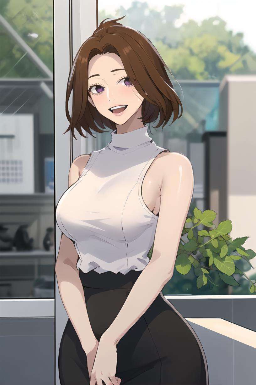 <lora:June_SCV2:1> junescdef, brown hair, purple eyes, 1girl, solo, large breasts, looking at viewer, smile, white turtleneck shirt, black skirt, standing, upper body, sleeveless, teeth,masterpiece, best quality,  