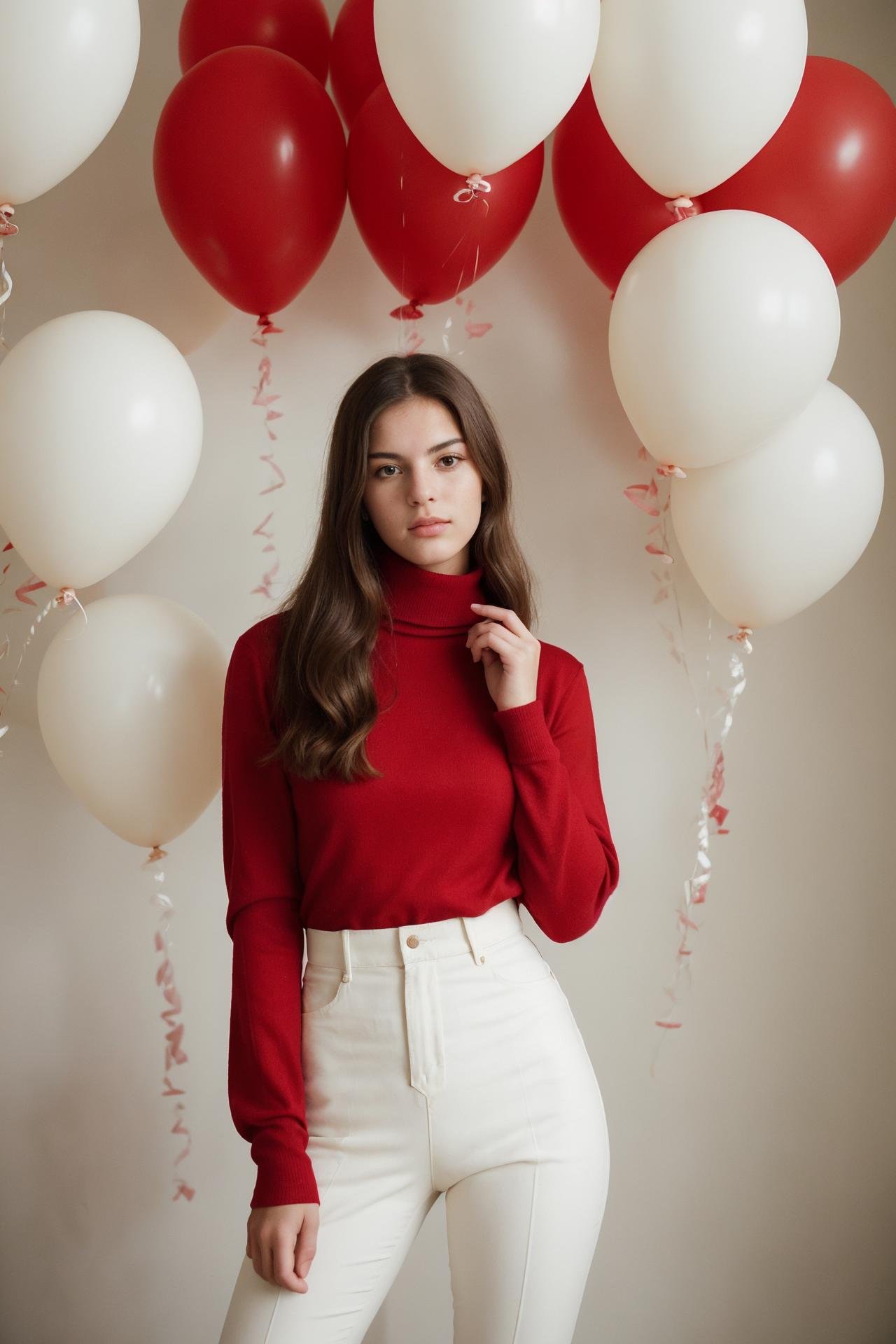 fashion portrait photo of beautiful young woman from the 60s wearing a red turtleneck standing in the middle of a ton of white balloons, taken on a hasselblad medium format camera